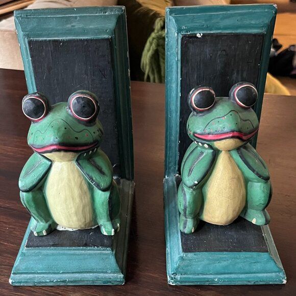 (VHD) Vintage Native Wood Frog Book Ends.Handcrafted - Picture 1 of 7
